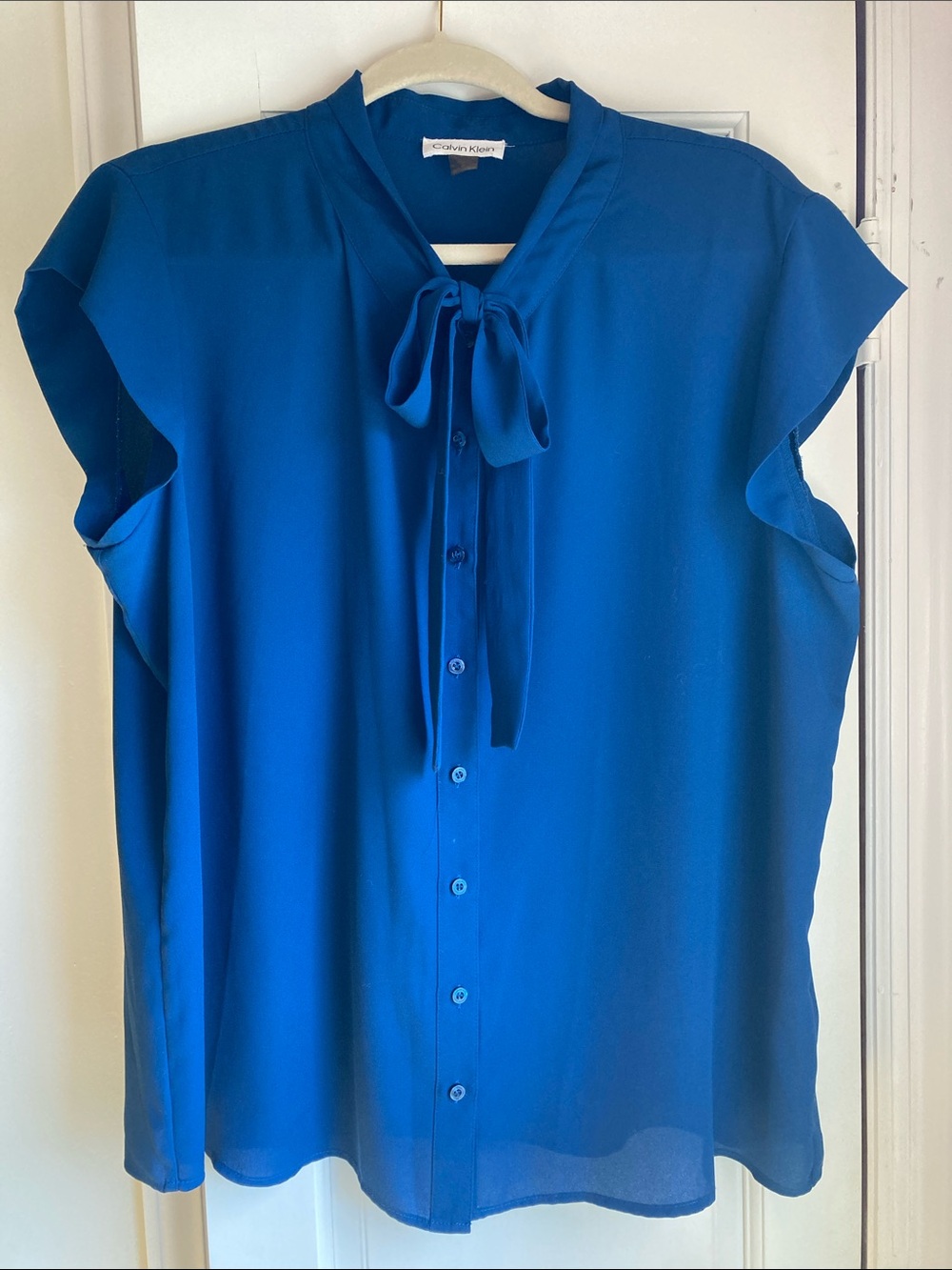 Calvin Klein Teal Tie-Neck Cap-Sleeve Blouse
